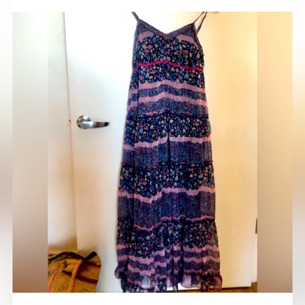 Patrons of Peace ANTHROPOLOGIE Navy Lined Maxi with Floral Trim